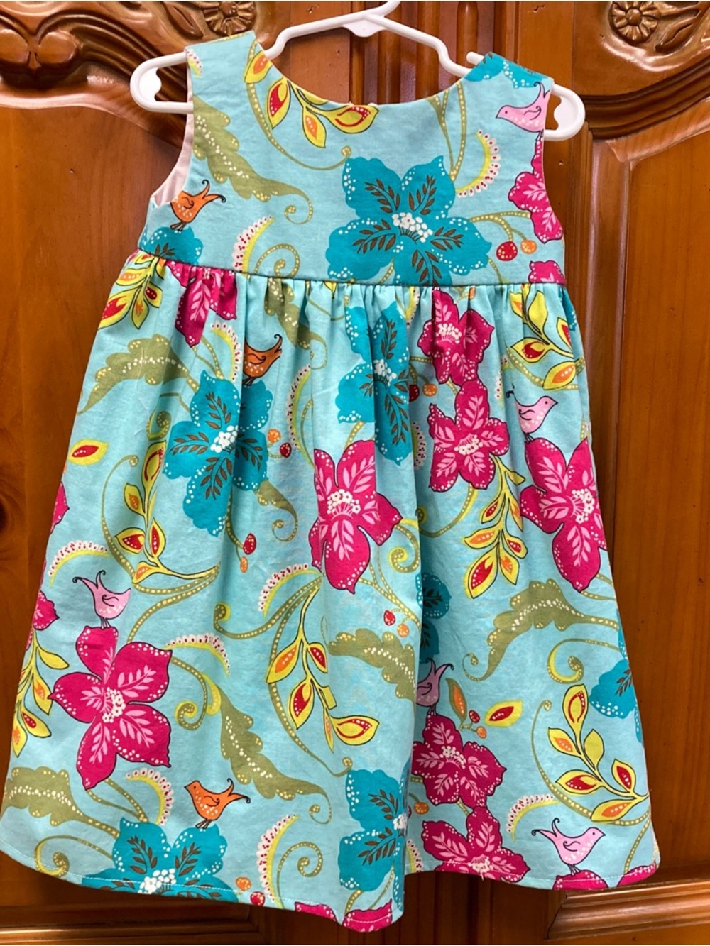 Hollyhock Clothing Company Floral Bird Print Cotton Dress Teal Pink Size 2T
